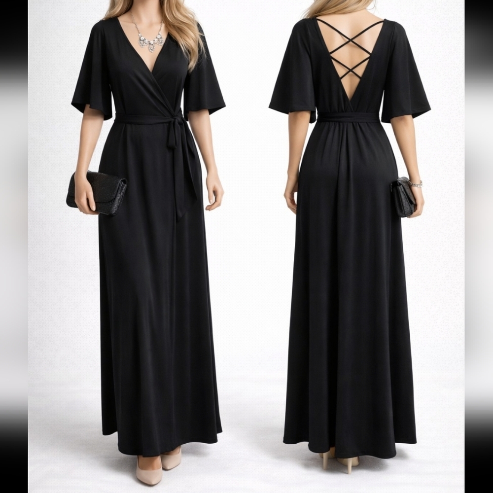 Vintage 70s Ayres Unlimited Black Evening Gown Wrap Dress Crisscross Back Ss 12